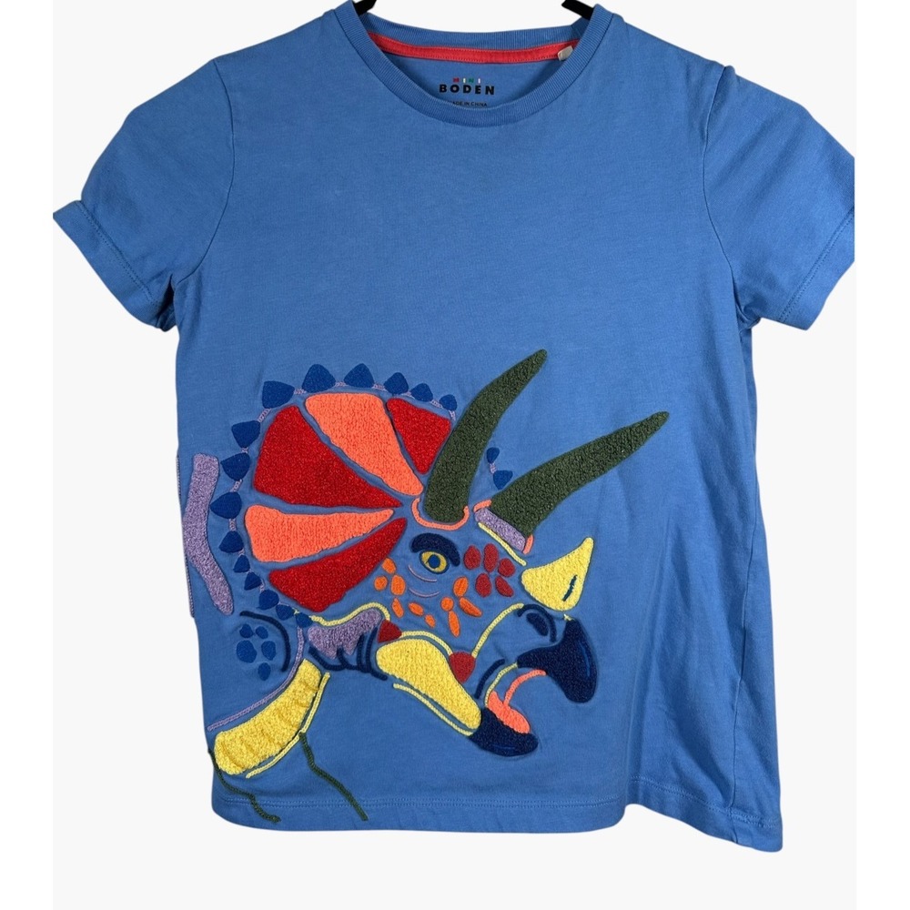 Boden Size 8-9 Kids T-Shirt Embroidered Dinosaur Blue Short Sleeve Cotton Colors